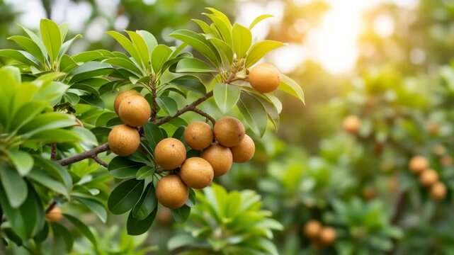 A cluster of ripe sapodilla fruits hanging from a tree branch with lush green leaves, bathed in warm sunlight.