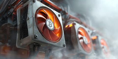 Fototapeta premium Secure Cryptocurrency Mining Farm with Glowing Servers and Advanced Cooling Systems