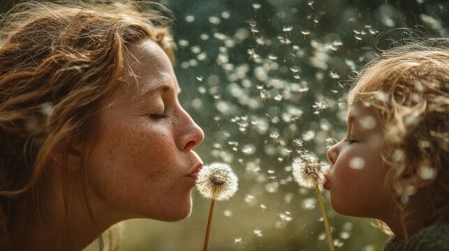 A mother and child share a joyful moment, blowing dandelion seeds into the air, celebrating nature's beauty and the bond between them.