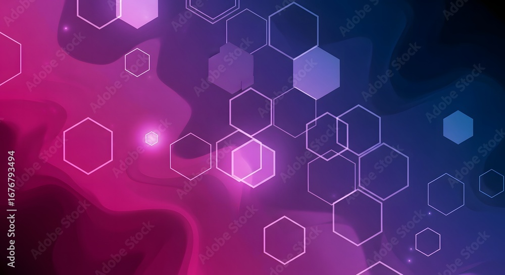 Poster abstract hexagonal network pattern with gradient pink and blue lighting and bokeh effects