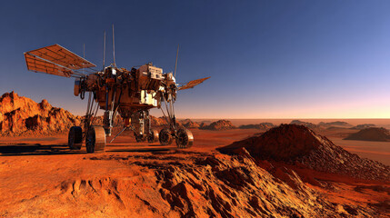 lander deploying antenna array on rugged mare terrain low sun casting long shadows crisp detail illustration concept scene visual for commercial design use high detail quality stock image illustration
