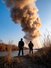 Fototapeta premium Two figures stand by a river, silhouetted against a towering plume of smoke, creating a dramatic contrast with the clear sky.