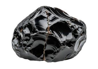 A deeply textured, dark obsidian stone, showcasing intricate patterns and mineral formations against a stark black backdrop.