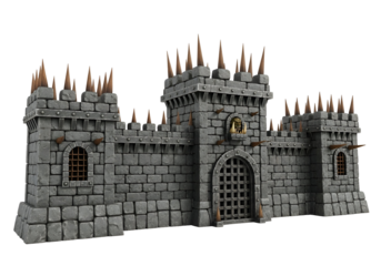 A formidable stone fortress wall, complete with jagged spikes and barred gate, projects an imposing presence.