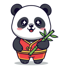 Adorable cartoon panda character in traditional outfit holding bamboo stalk joyful nature wildlife vector