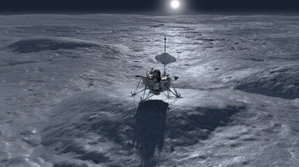 lander deploying antenna array on rugged mare terrain low sun casting long shadows crisp detail illustration concept scene visual for commercial design use high detail quality stock image illustration