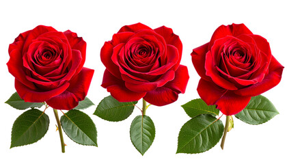 Fototapeta premium Beautiful Trio of Red Roses, isolated on a transparent background PNG