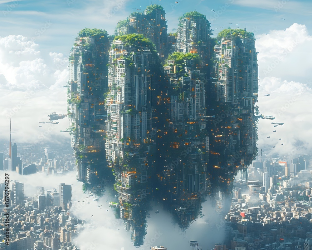 Poster a conceptual of a sprawling high tech metropolis floating in the sky with towering structures covere