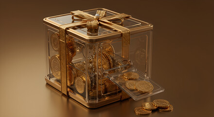 Fototapeta premium Golden Gifting Machine: A Transparent Box Dispensing Precious Digital Coins with Intricate Gears