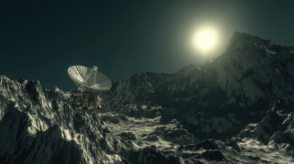 lander deploying antenna array on rugged mare terrain low sun casting long shadows crisp detail illustration concept scene visual for commercial design use high detail quality stock image illustration