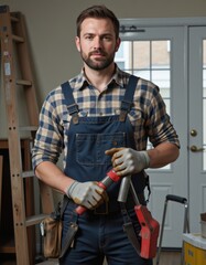 Confident house painter holding tools Professional Worker Portrait Ultra realistic Photorealistic  capture subject in a way that resembles a still frame from a movie cinematic lighting story nar