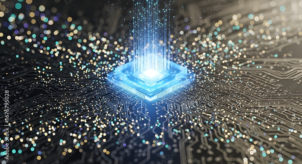Poster abstract digital circuit board with glowing blue central processor and data streams
