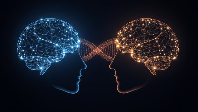 Two brains connected by a DNA strand, representing communication and intelligence.