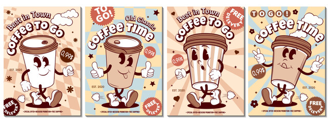 set of posters coffee to go, with groovy character of a cup of coffee, text, special offer,