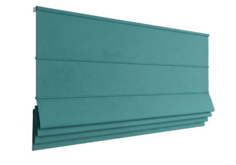 Teal-colored pleated window shade, displayed against a dark background, showcasing its horizontal folds and smooth texture.