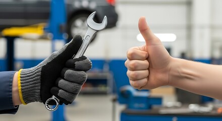 Car mechanic gives thumbs up holding wrench in auto repair shop