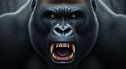 Fierce Black Gorilla with Bared Teeth and Intense Orange Eyes in Close-up