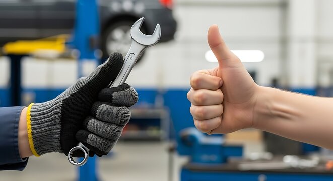 Car mechanic gives thumbs up holding wrench in auto repair shop