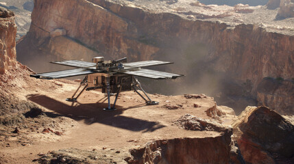 lander deploying antenna array on rugged mare terrain low sun casting long shadows crisp detail illustration concept scene visual for commercial design use high detail quality stock image illustration