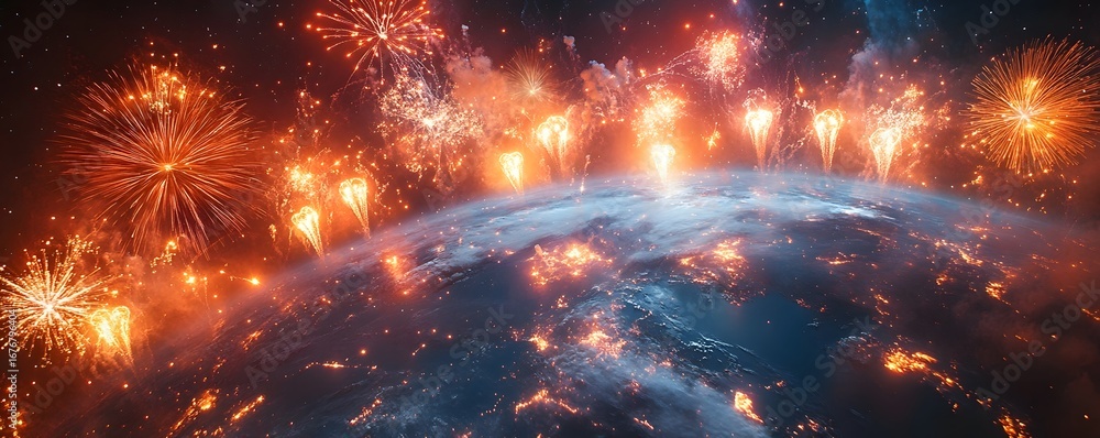 Poster spectacular fireworks exploding in the night sky above the earth creating a mesmerizing display of l