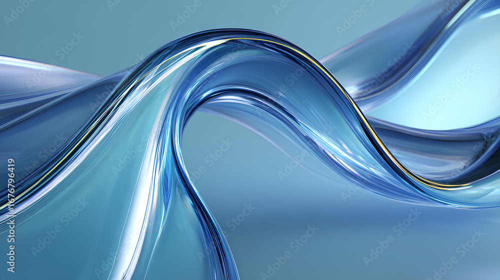Poster elegant translucent blue glass or plastic curve sheets flowing dynamic abstract composition. blue gr