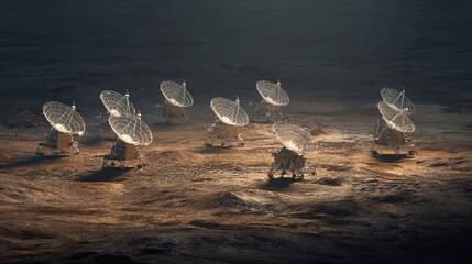 lander deploying antenna array on rugged mare terrain low sun casting long shadows crisp detail illustration concept scene visual for commercial design use high detail quality stock image illustration