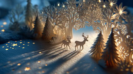 Paper cut Christmas scene with deer, trees and snowflakes
