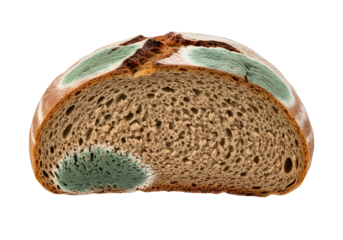 Close-up of a sliced loaf of bread showcasing visible mold growth, highlighting the texture and color contrast of the affected and unaffected areas.