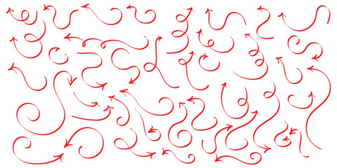 Red isolated hand drawn curved arrow on white background. Different curved arrow icon set. Hand drawing doodle arrow set. Vector arrow icon set. 