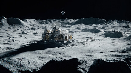 lander deploying antenna array on rugged mare terrain low sun casting long shadows crisp detail illustration concept scene visual for commercial design use high detail quality stock image illustration