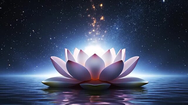 Glowing Lotus Flower Floating on Serene Water Under a Starry Night Sky.