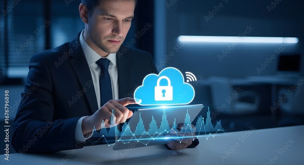 Poster businessman interacting with a secure cloud computing icon on a futuristic digital interface