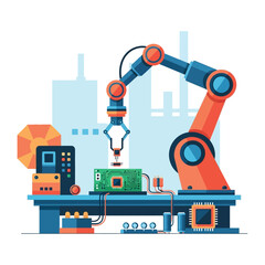 Fototapeta premium Robotics Arm in Manufacturing: A futuristic depiction of a robotic arm meticulously assembling a circuit board, symbolizing innovation and automation in industry.