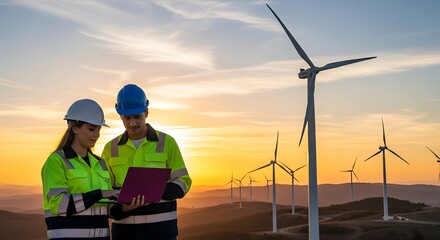 Engineers collaborating at wind turbine farm during sunset