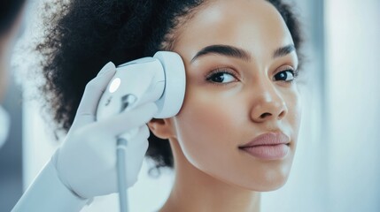 Beauty expert, AI skincare analysis device, young woman's cheek, futuristic technology, flawless skin, professional clinic, diagnostics, treatment, dermatology innovation high-tech beauty, assessment