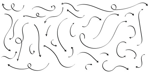 Black hand drawing doodle arrow on isolated white background. Different shapes hand drawn arrow set. Pointing vector design drawn. Isolated curved vector doodle icon set. EPS 10. 