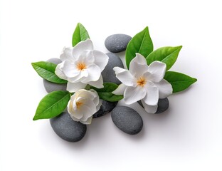 White flowers and dark stones arranged on a white background.  Fresh blossoms and lush greenery rest atop smooth, gray stones, creating a serene aesthetic
