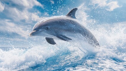 Fototapeta premium Majestic dolphin leaps out of azure waves, backlit by bright sky
