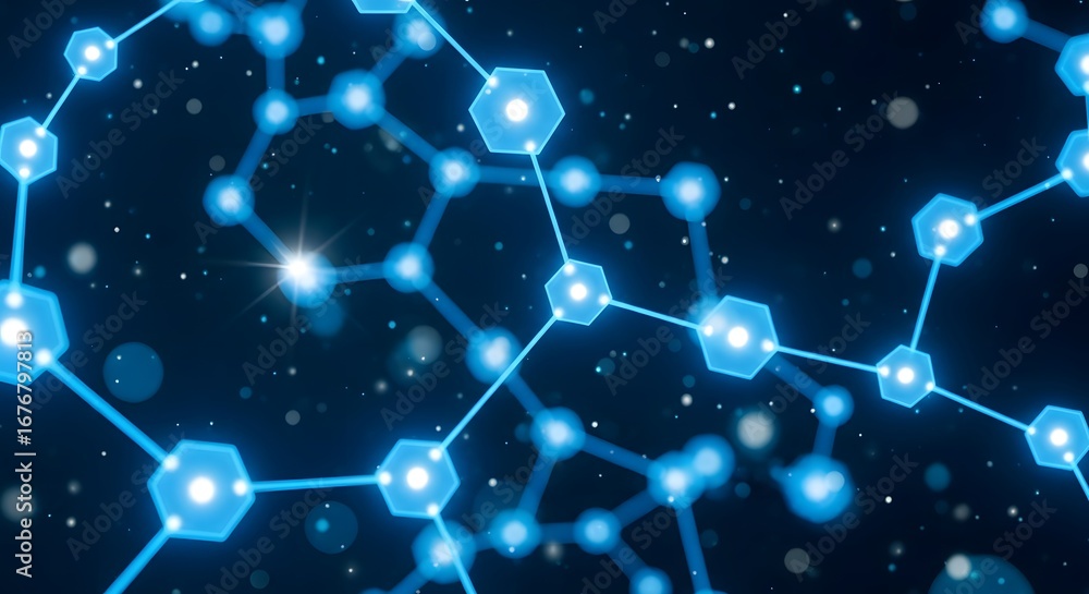 Poster abstract glowing blue molecular network structure with interconnected nodes and lines against a dark
