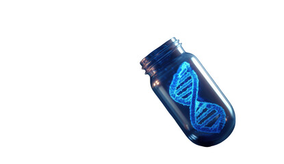 A transparent glass bottle with glowing DNA
