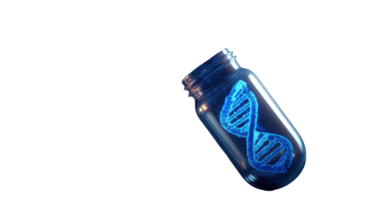 A transparent glass bottle with glowing DNA