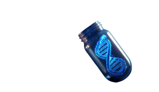 A transparent glass bottle with glowing DNA