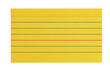 Yellow lined index card with red and green lines, isolated on transparent background