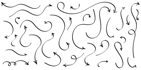 Black hand drawing doodle arrow on isolated white background. Different shapes hand drawn arrow set. Pointing vector design drawn. EPS 10. 