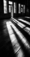 Sunlight streams through windows of an abandoned building, casting long shadows on the wooden floor