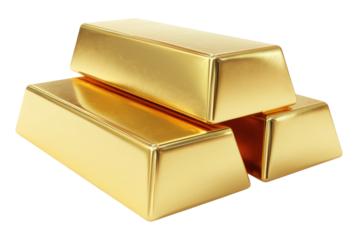Three shiny gold bullion bars isolated on a transparent background