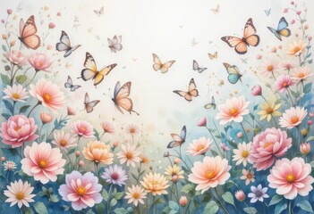 Fototapeta premium Soft Pastel Garden Delicate Butterfly Dance on Floral Tapestry