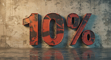 Distressed Red 10% Symbol Against Grungy Concrete Wall, Reflective Floor, Industrial Discount Sale Offer