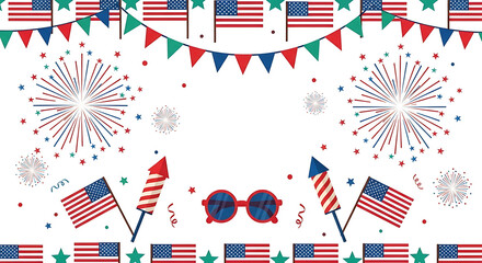 Obraz premium Festive illustration of American flags, fireworks, and patriotic decorations for Independence Day.