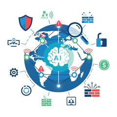 Global AI Network: A vivid depiction of the interconnectedness of artificial intelligence across the globe, represented through networks, icons, and a centralized AI brain.